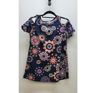 Women Ladies Flowers Cold Shoulder T-Shirt Round Neck Tank Casual Blouse